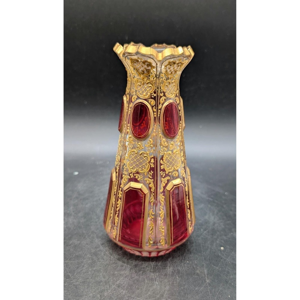 Bohemian Moser Ruby Stained Glass Vase Gold Gilt Enamel Faceted Scalloped Rim 6"